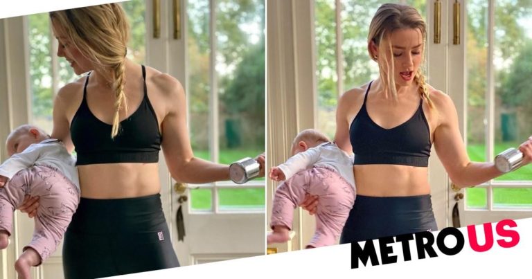 Amber Heard has multitasking down to an art as she works out with baby