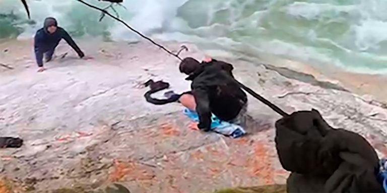 Five Sikh men use their turbans to save a hiker near a waterfall