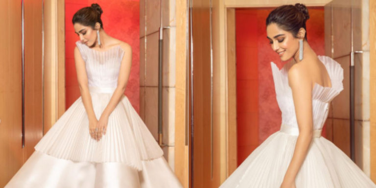 Maya Ali looks magnificent in a pearl white ensemble at Filmfare ME