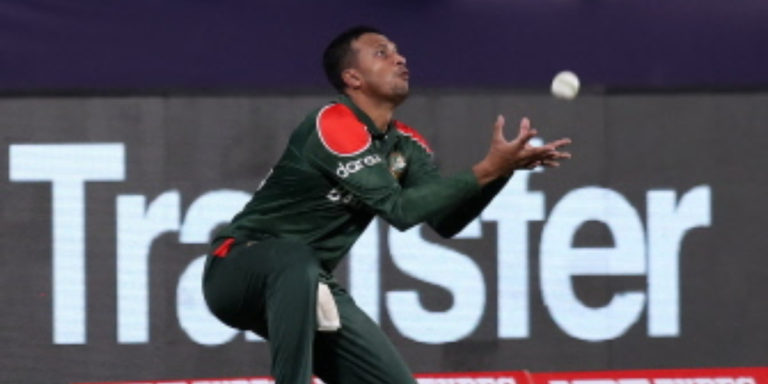 Shakib takes a successful catch of Scotland’s Chris Greaves
