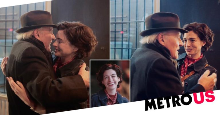 Anne Hathaway and Anthony Hopkins hug as he wraps on Armageddon Time