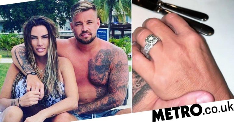 Katie Price shows off engagement ring holding Carl Woods’ hand