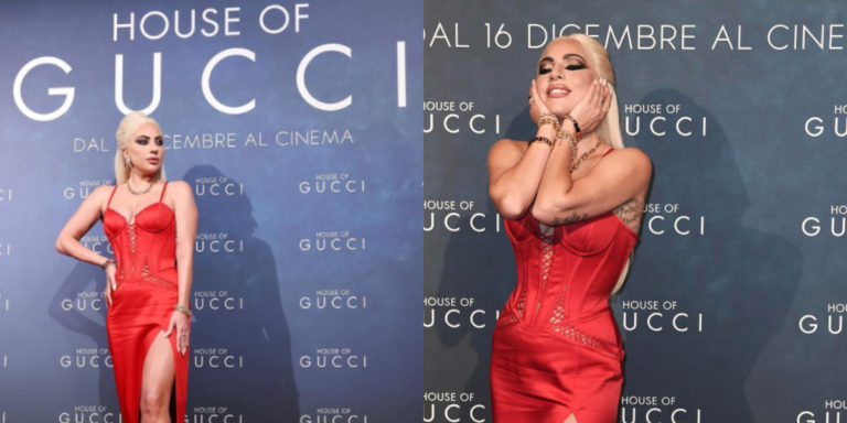 Lady Gaga slays in red corset at the premiere of “House of Gucci” in Italy