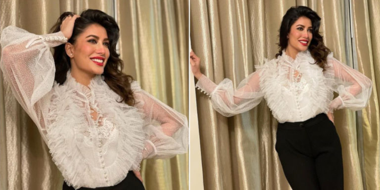 Mehwish Hayat flaunts her ultra-glam look in cuff sleeves ruffle top