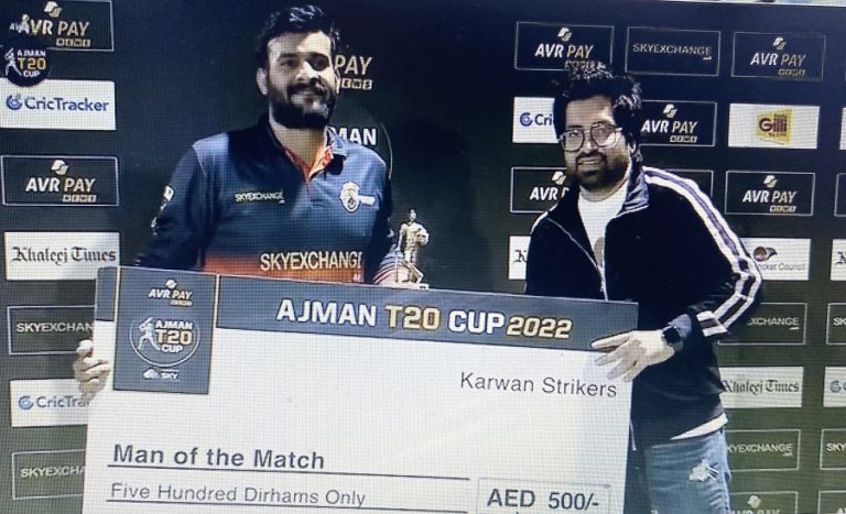 Omer Farooq’s second successive match winning performance gives Maratha Arabians – Brothers Gas a five-wicket win in the AJMAN T20 CUP powered By SKY EXCHANGE.NET