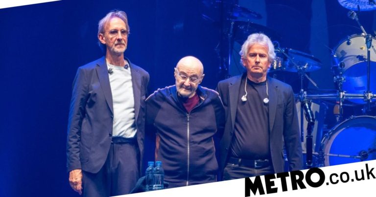 Phil Collins stands beside Genesis bandmates at emotional final tour show