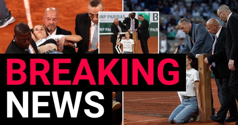 French Open semi-final halted as protester ties herself to the net